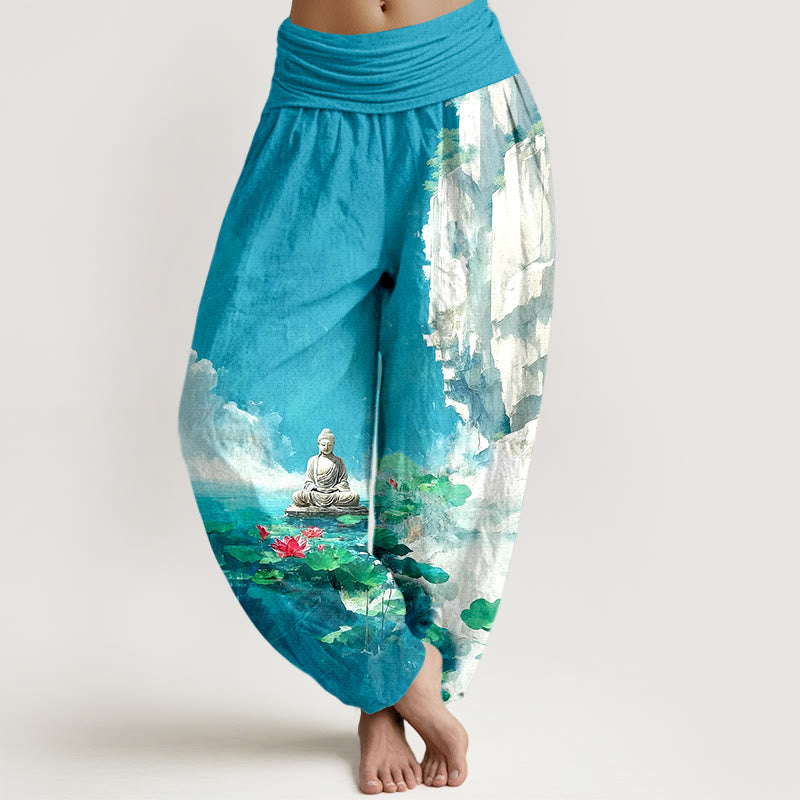 Nimara Ritual Cotton Lotus Flower Leaf Rocks Water Surface Cloud Buddha Pattern Women's Elastic Waist Harem Pants