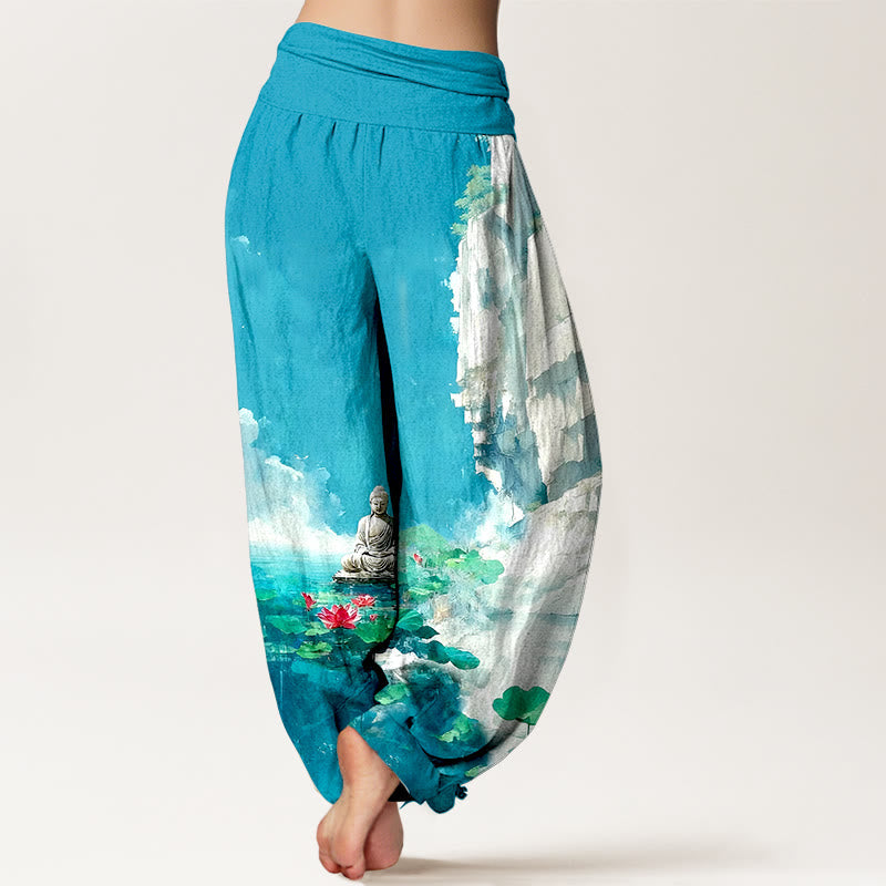 Nimara Ritual Cotton Lotus Flower Leaf Rocks Water Surface Cloud Buddha Pattern Women's Elastic Waist Harem Pants
