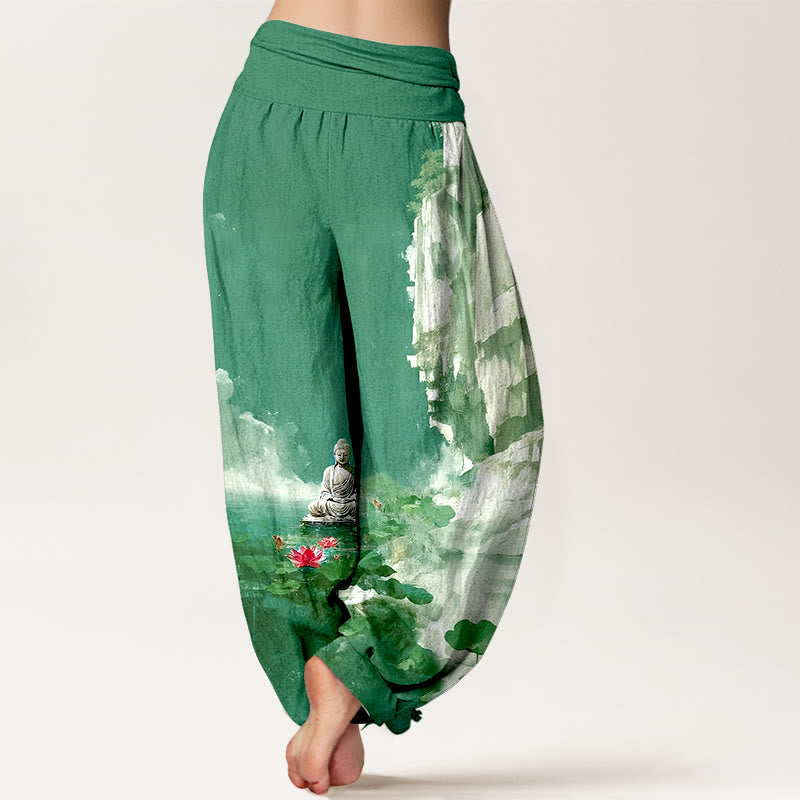 Nimara Ritual Cotton Lotus Flower Leaf Rocks Water Surface Cloud Buddha Pattern Women's Elastic Waist Harem Pants