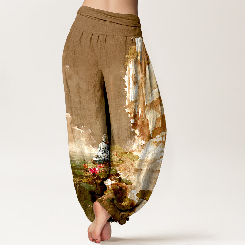 Nimara Ritual Cotton Lotus Flower Leaf Rocks Water Surface Cloud Buddha Pattern Women's Elastic Waist Harem Pants
