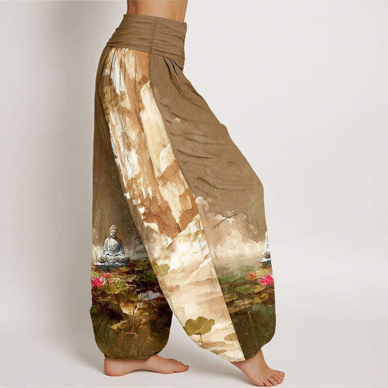 Nimara Ritual Cotton Lotus Flower Leaf Rocks Water Surface Cloud Buddha Pattern Women's Elastic Waist Harem Pants