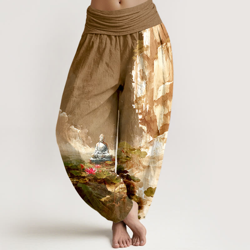 Nimara Ritual Cotton Lotus Flower Leaf Rocks Water Surface Cloud Buddha Pattern Women's Elastic Waist Harem Pants