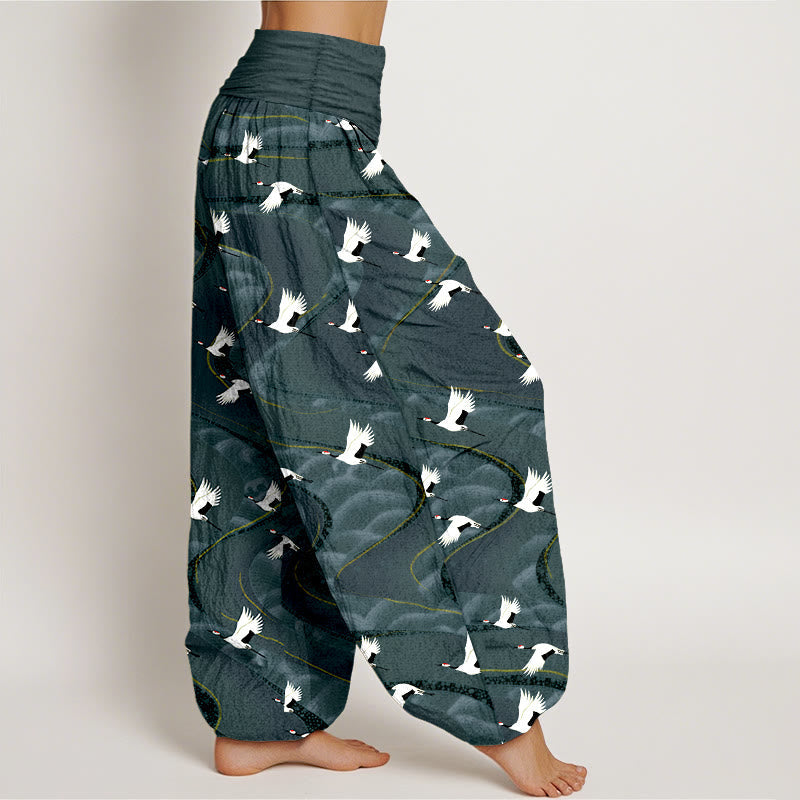 Nimara Ritual Cotton Elegant Cranes Winding Lines Pattern Women's Elastic Waist Harem Pants