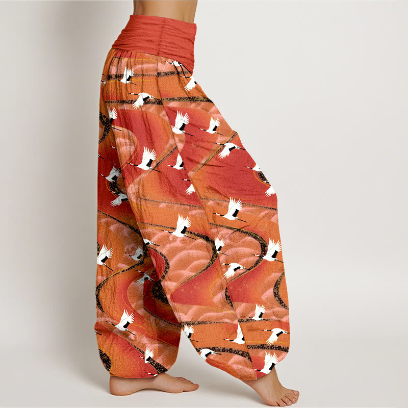 Nimara Ritual Cotton Elegant Cranes Winding Lines Pattern Women's Elastic Waist Harem Pants