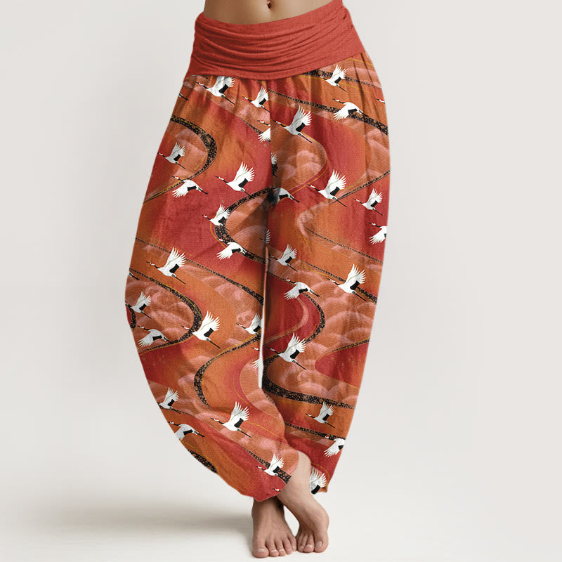 Nimara Ritual Cotton Elegant Cranes Winding Lines Pattern Women's Elastic Waist Harem Pants