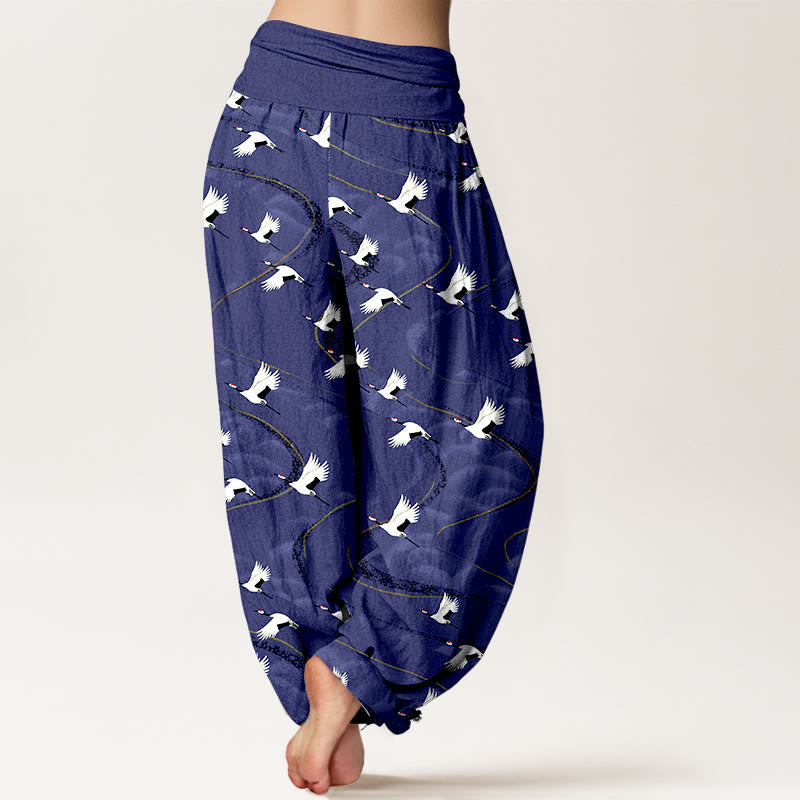 Nimara Ritual Cotton Elegant Cranes Winding Lines Pattern Women's Elastic Waist Harem Pants