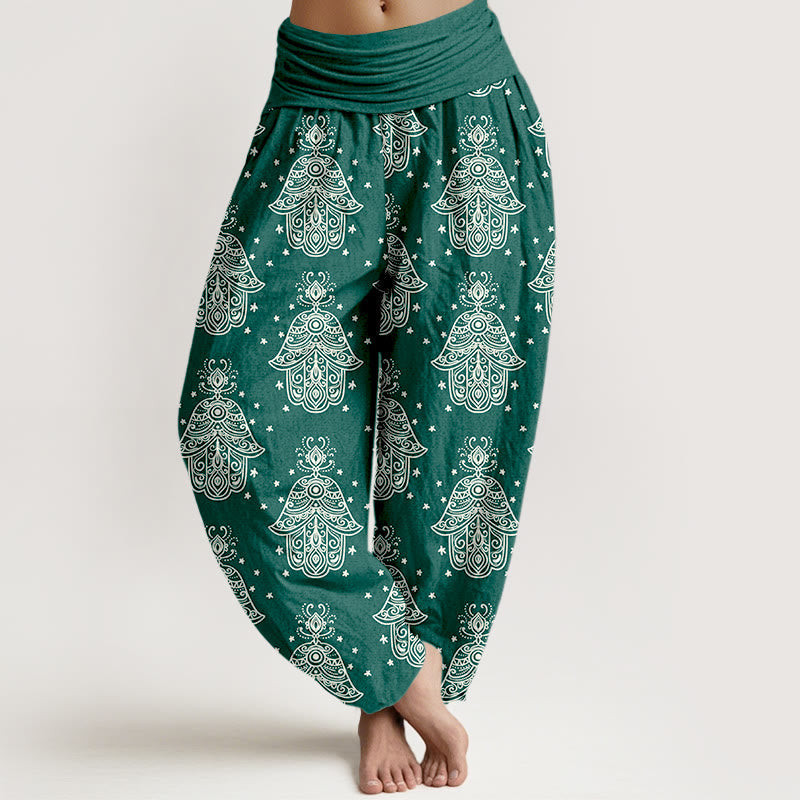 Nimara Ritual Cotton Neatly Arranged Hamsa's Hand Pattern Women's Elastic Waist Harem Pants