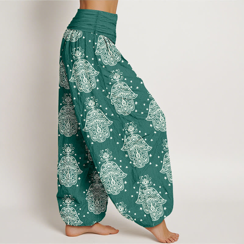 Nimara Ritual Cotton Neatly Arranged Hamsa's Hand Pattern Women's Elastic Waist Harem Pants