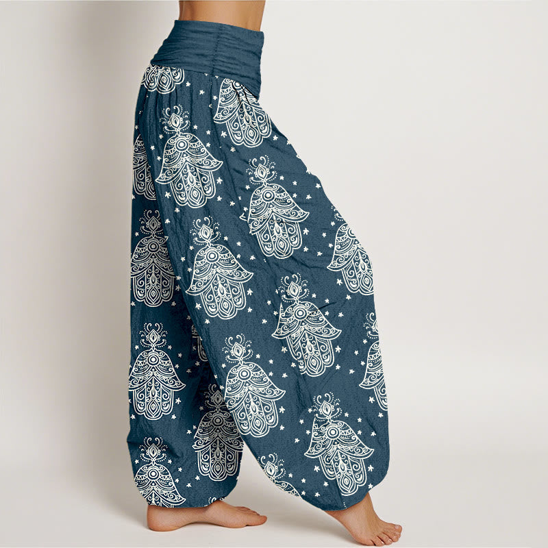 Nimara Ritual Cotton Neatly Arranged Hamsa's Hand Pattern Women's Elastic Waist Harem Pants