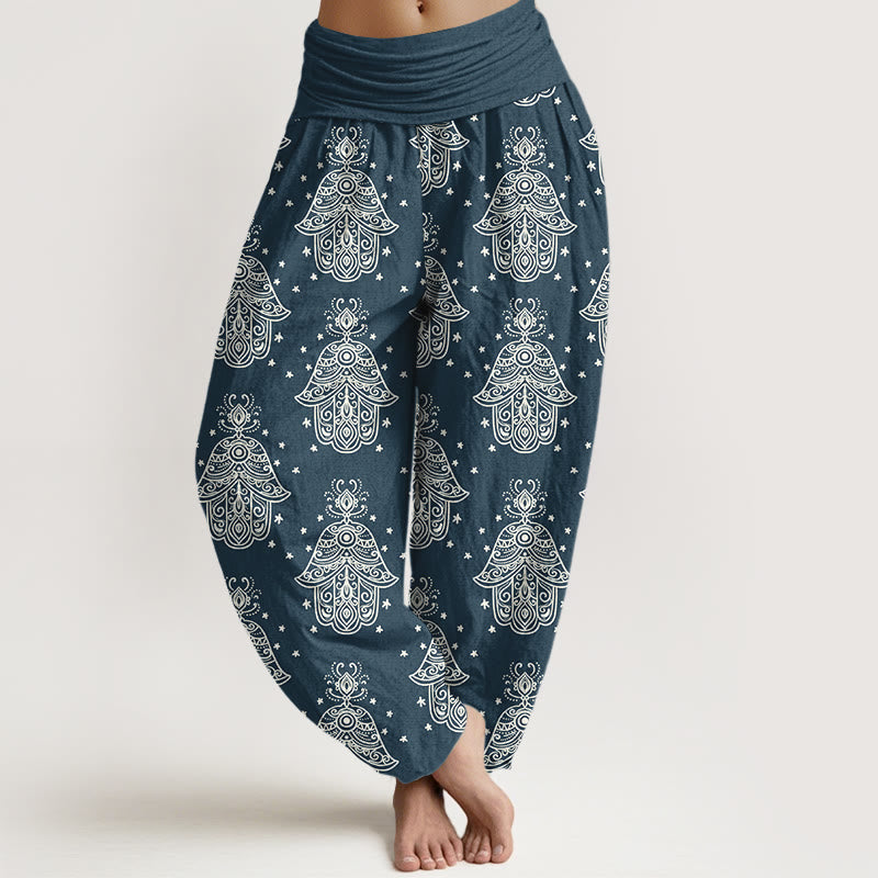 Nimara Ritual Cotton Neatly Arranged Hamsa's Hand Pattern Women's Elastic Waist Harem Pants