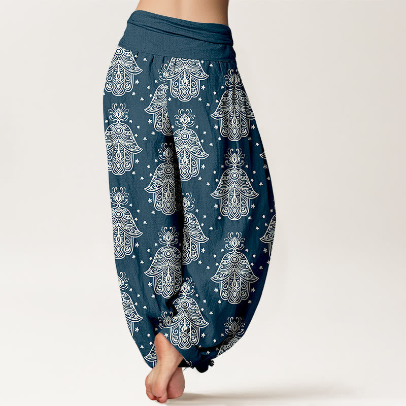 Nimara Ritual Cotton Neatly Arranged Hamsa's Hand Pattern Women's Elastic Waist Harem Pants