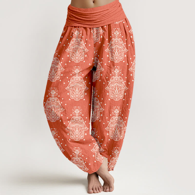 Nimara Ritual Cotton Neatly Arranged Hamsa's Hand Pattern Women's Elastic Waist Harem Pants