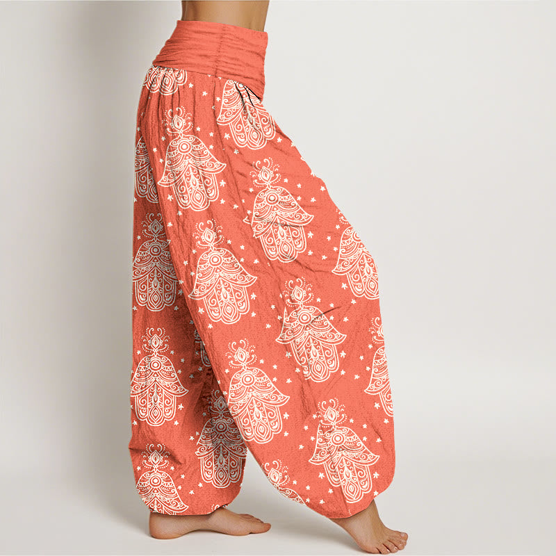 Nimara Ritual Cotton Neatly Arranged Hamsa's Hand Pattern Women's Elastic Waist Harem Pants