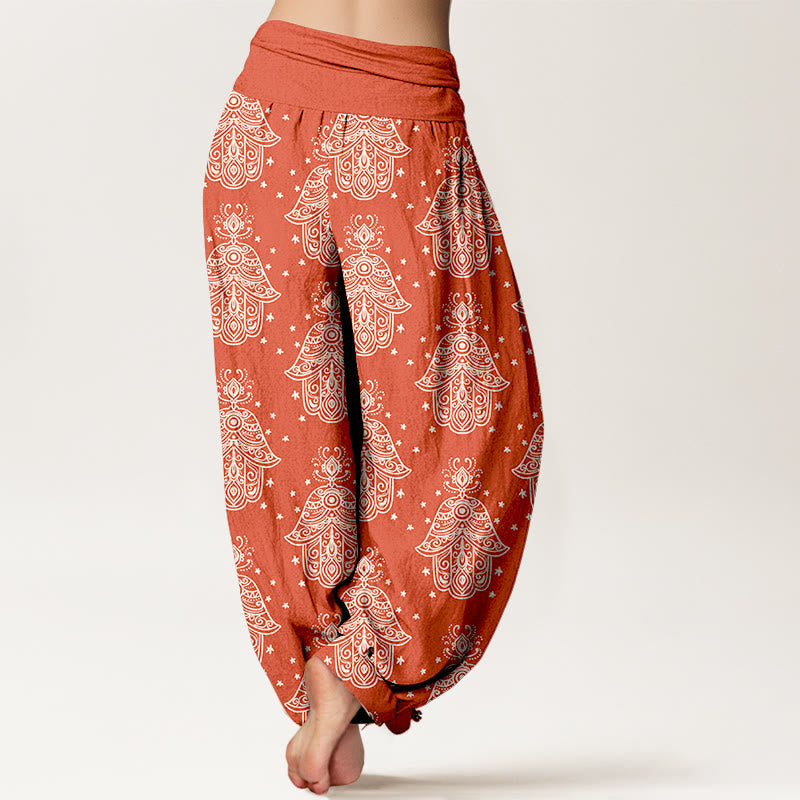 Nimara Ritual Cotton Neatly Arranged Hamsa's Hand Pattern Women's Elastic Waist Harem Pants