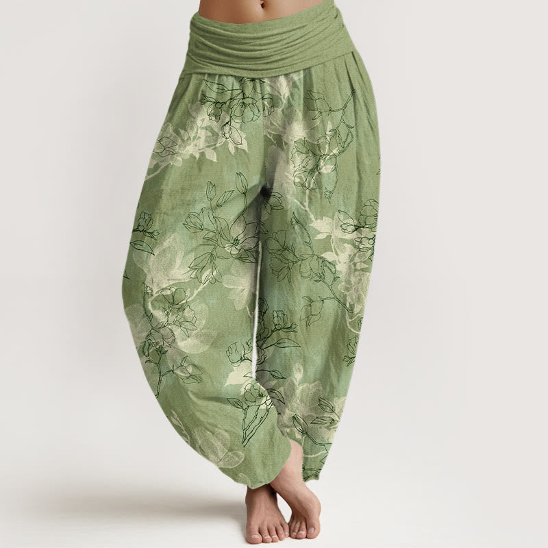 Nimara Ritual Cotton Fresh Flower Bud Pattern Women's Elastic Waist Harem Pants