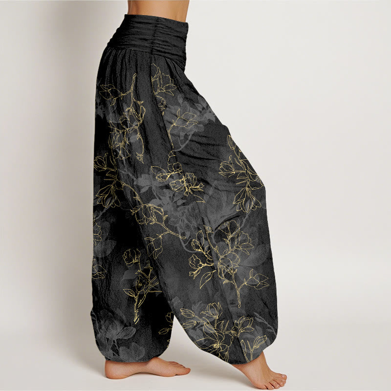 Nimara Ritual Cotton Fresh Flower Bud Pattern Women's Elastic Waist Harem Pants