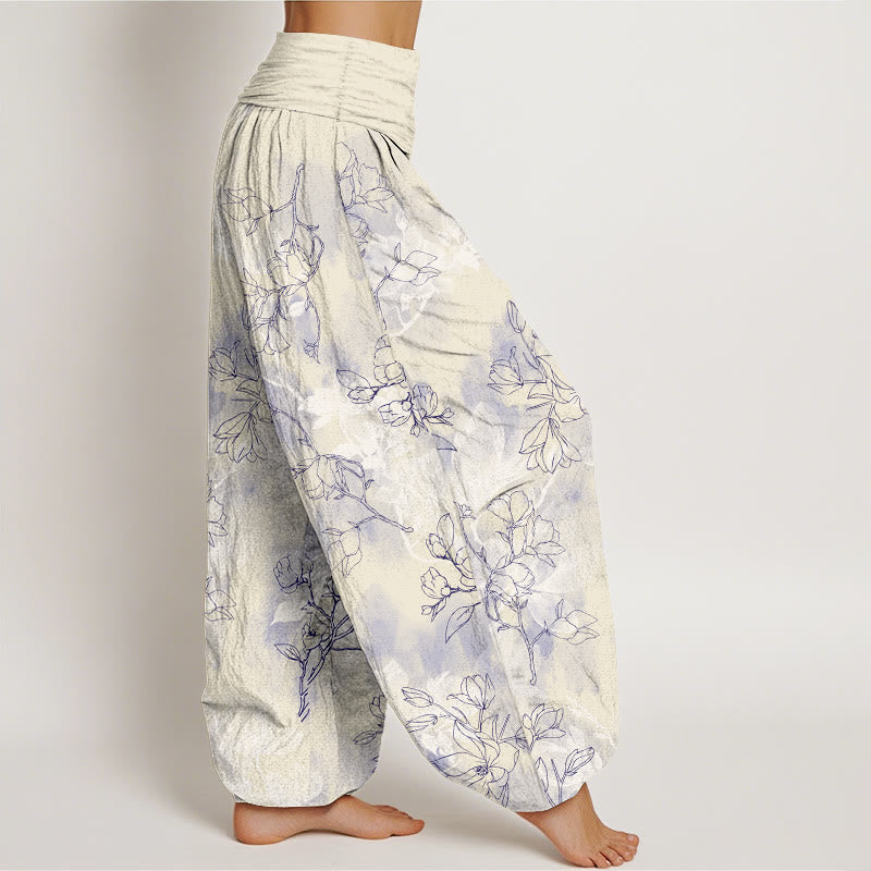 Nimara Ritual Cotton Fresh Flower Bud Pattern Women's Elastic Waist Harem Pants