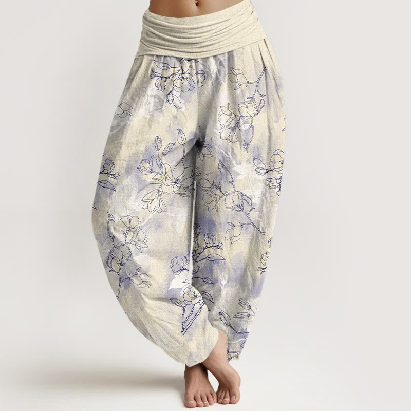 Nimara Ritual Cotton Fresh Flower Bud Pattern Women's Elastic Waist Harem Pants