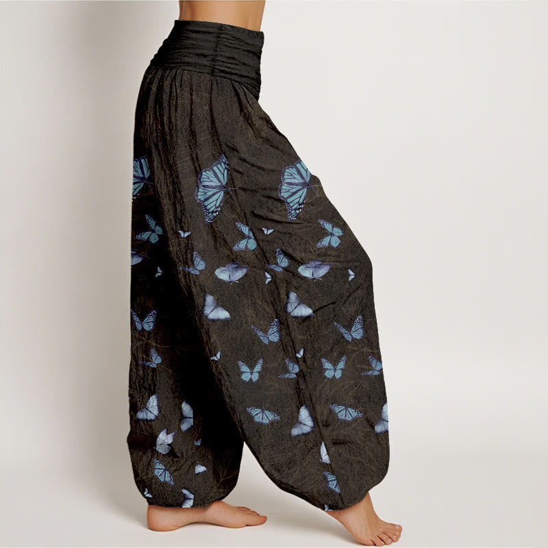 Nimara Ritual Cotton Dreamlike Butterfly Leaf Pattern Women's Elastic Waist Harem Pants