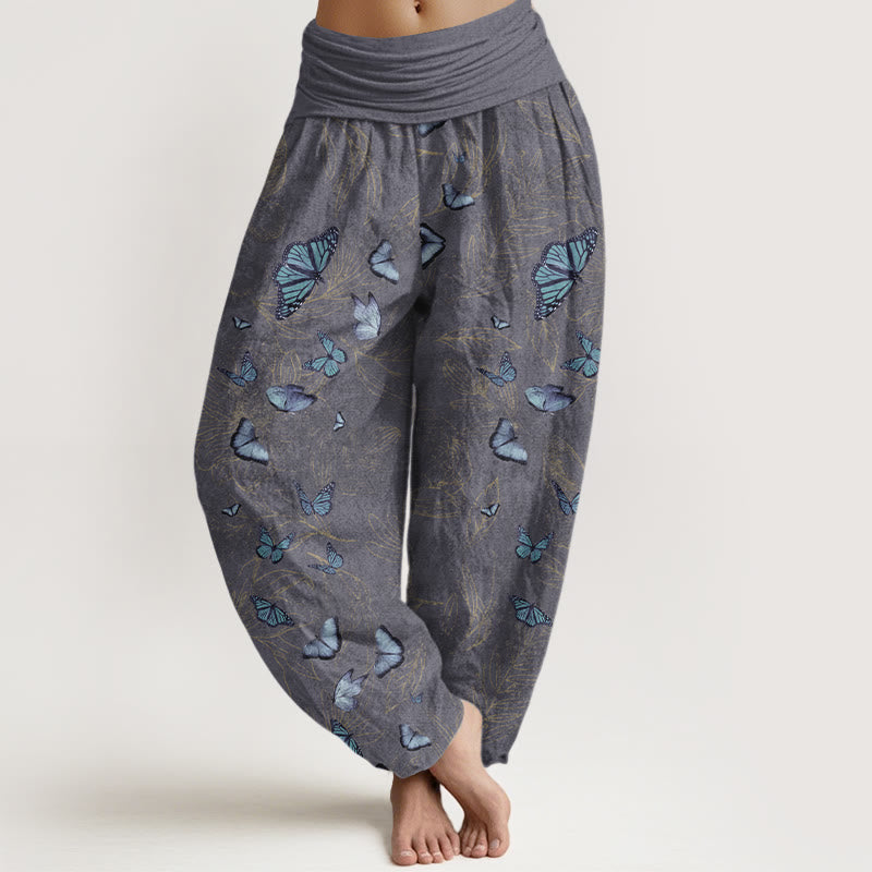 Nimara Ritual Cotton Dreamlike Butterfly Leaf Pattern Women's Elastic Waist Harem Pants
