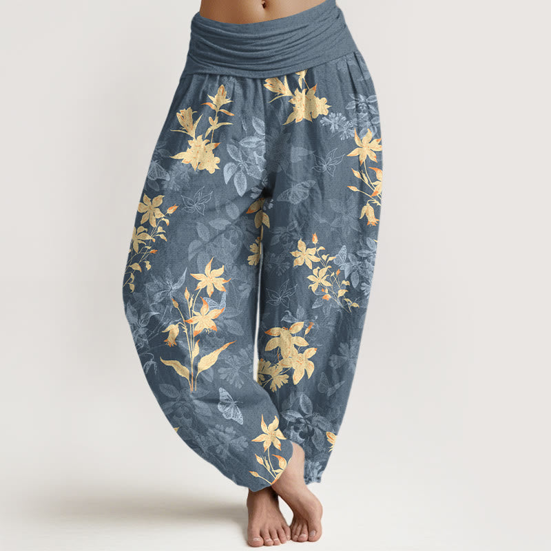 Nimara Ritual Cotton Fresh Refined Flower Leaf Pattern Women's Elastic Waist Harem Pants