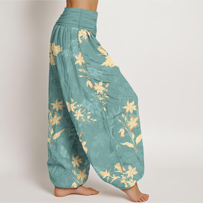 Nimara Ritual Cotton Fresh Refined Flower Leaf Pattern Women's Elastic Waist Harem Pants