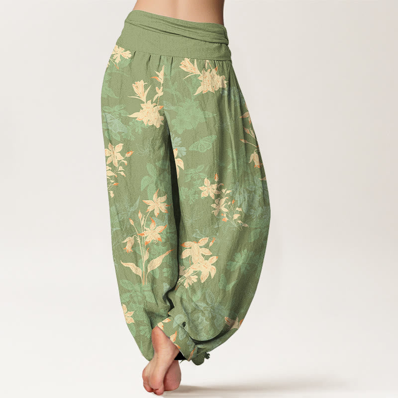 Nimara Ritual Cotton Fresh Refined Flower Leaf Pattern Women's Elastic Waist Harem Pants