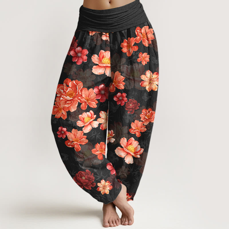 Nimara Ritual Cotton Intensely Colored Flower Pattern Women's Elastic Waist Harem Pants