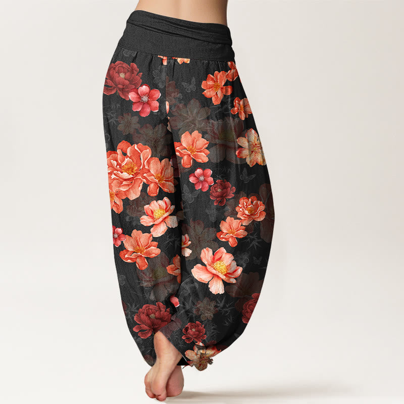 Nimara Ritual Cotton Intensely Colored Flower Pattern Women's Elastic Waist Harem Pants