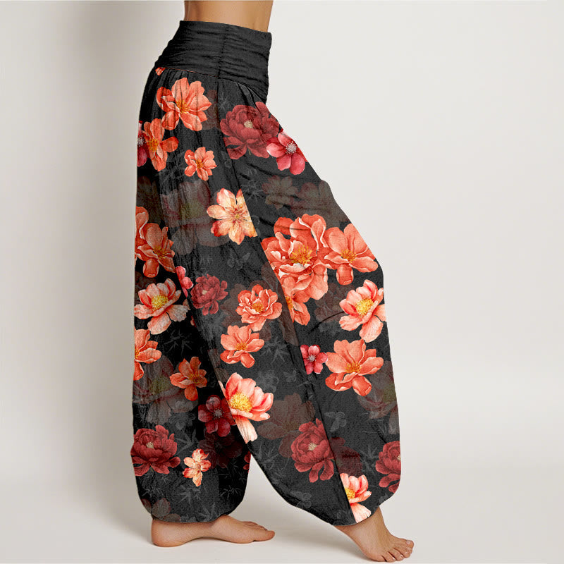 Nimara Ritual Cotton Intensely Colored Flower Pattern Women's Elastic Waist Harem Pants