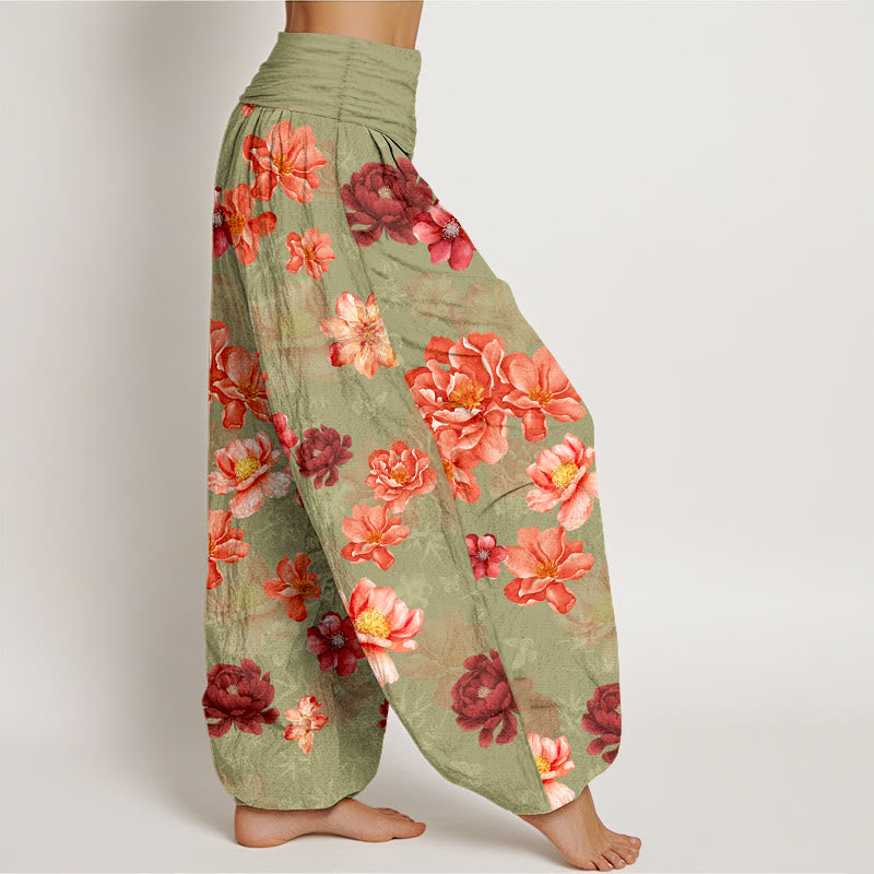 Nimara Ritual Cotton Intensely Colored Flower Pattern Women's Elastic Waist Harem Pants