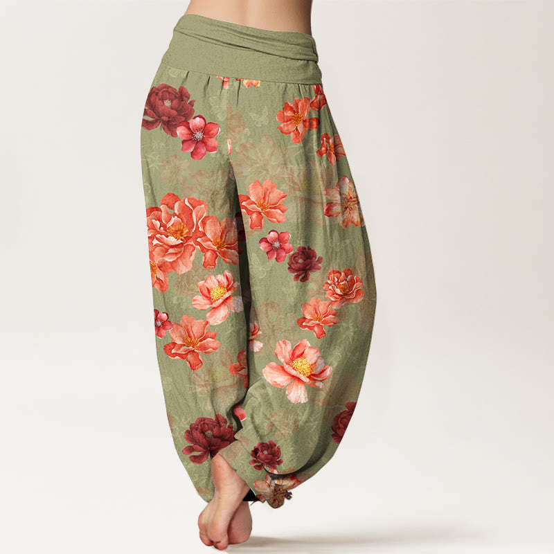 Nimara Ritual Cotton Intensely Colored Flower Pattern Women's Elastic Waist Harem Pants