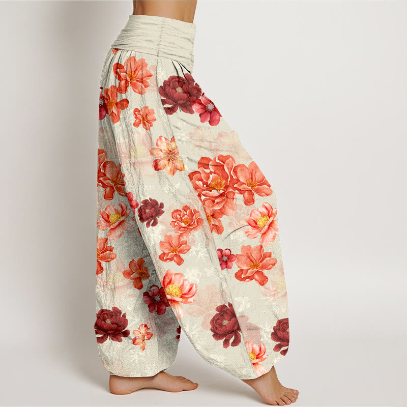 Nimara Ritual Cotton Intensely Colored Flower Pattern Women's Elastic Waist Harem Pants