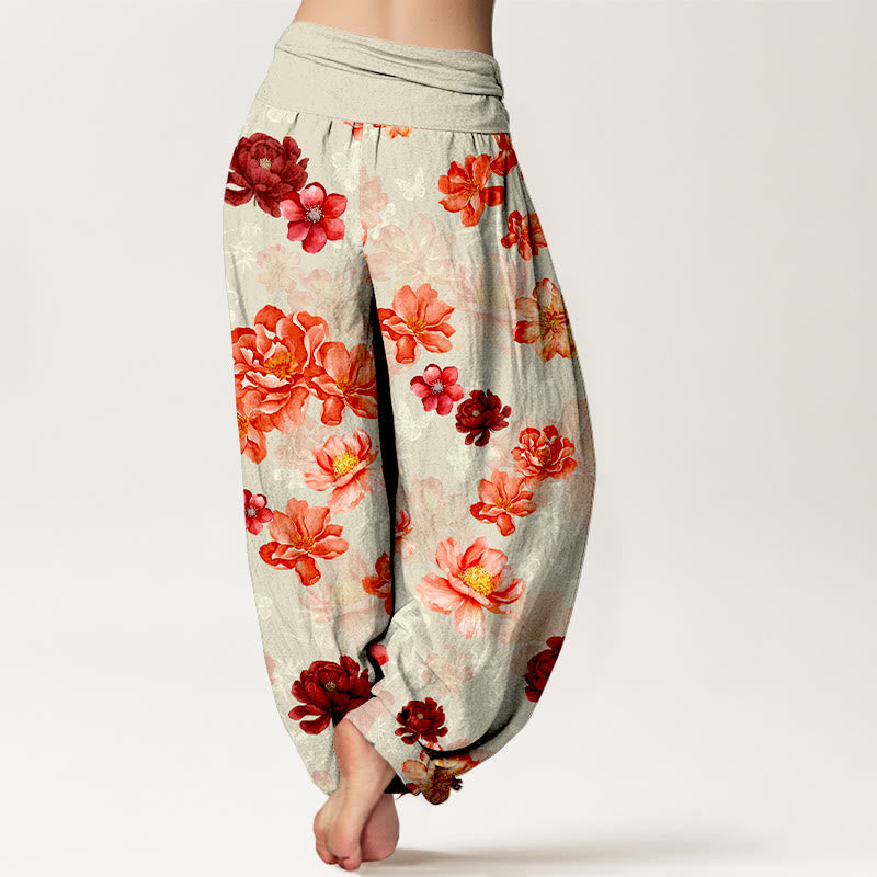 Nimara Ritual Cotton Intensely Colored Flower Pattern Women's Elastic Waist Harem Pants