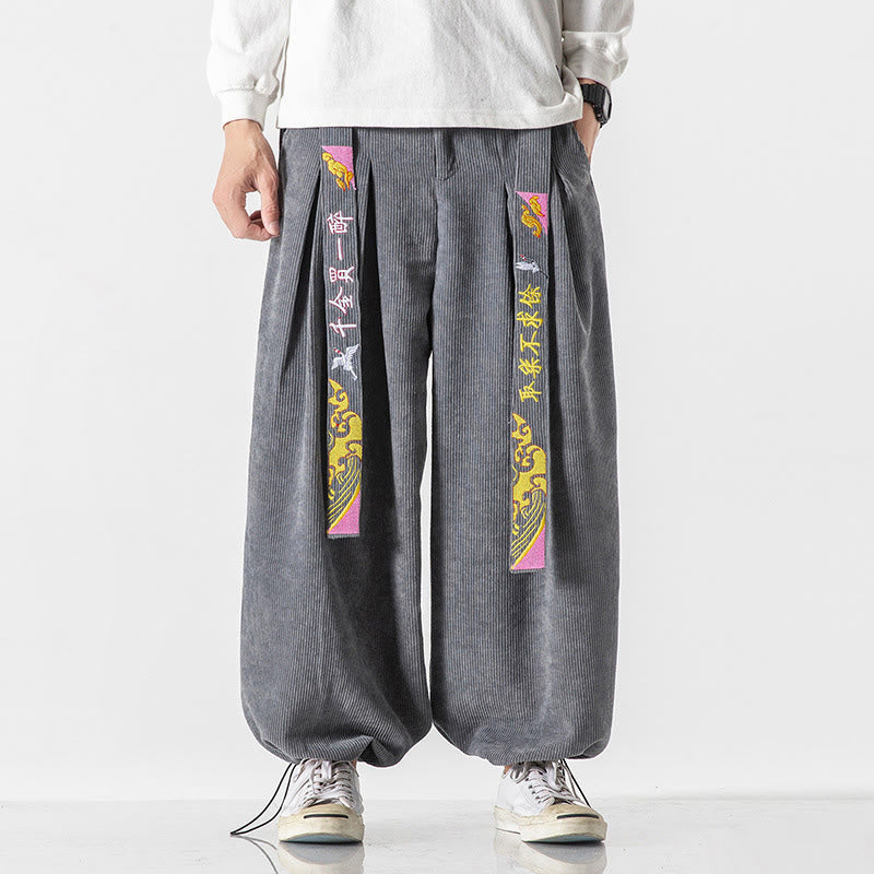 Nimara Ritual Fall Winter Lace-up Chinese Character Embroidery Men's Corduroy Pants With Pockets