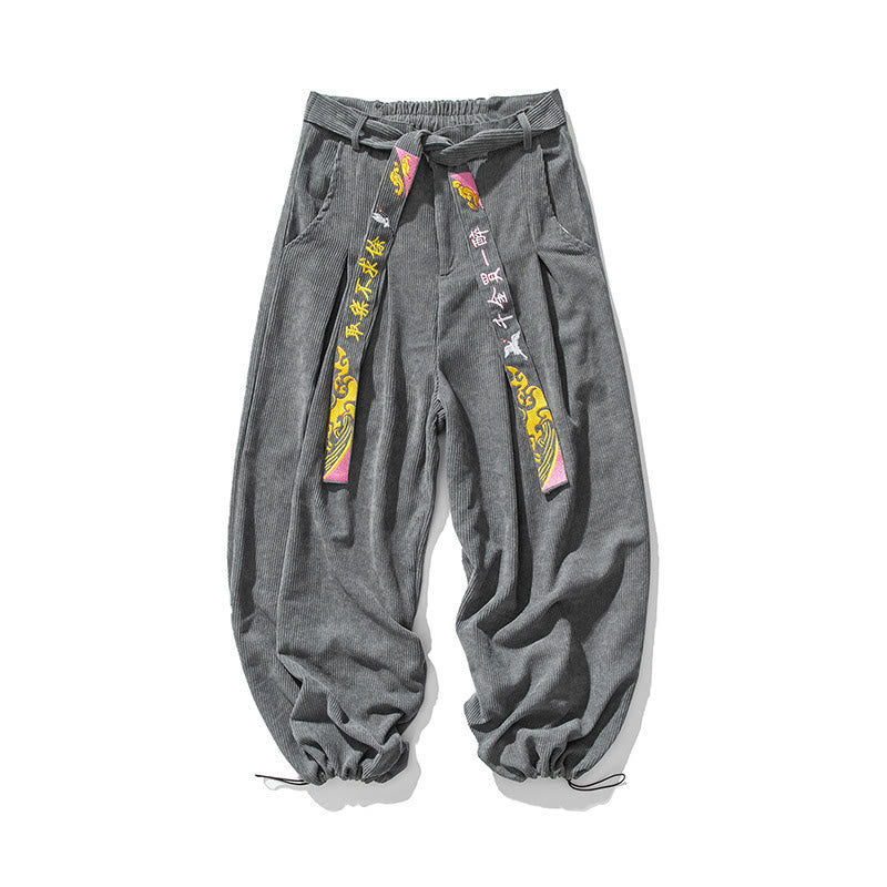 Nimara Ritual Fall Winter Lace-up Chinese Character Embroidery Men's Corduroy Pants With Pockets