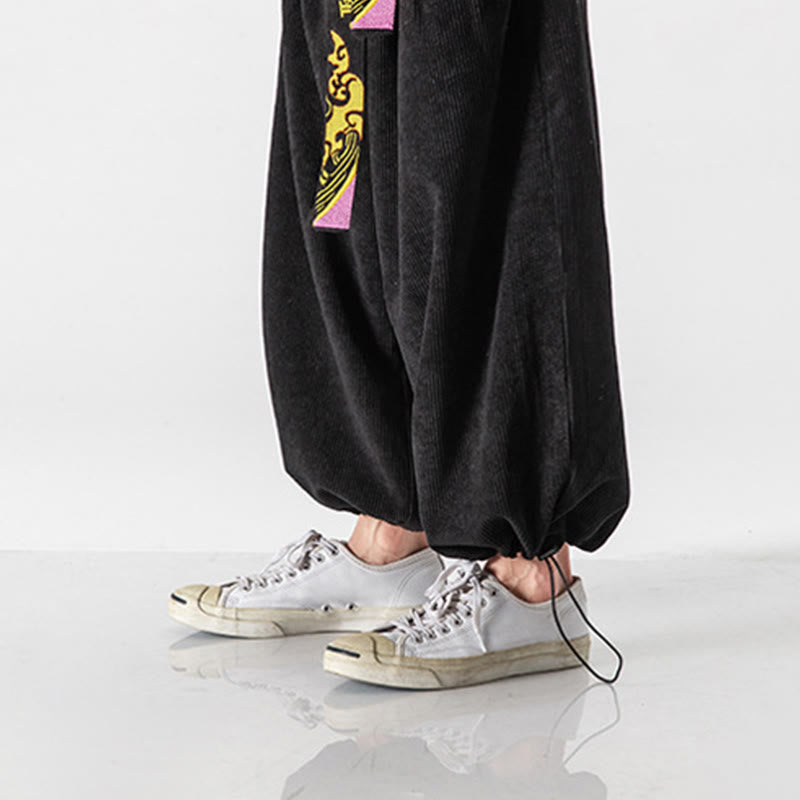 Nimara Ritual Fall Winter Lace-up Chinese Character Embroidery Men's Corduroy Pants With Pockets