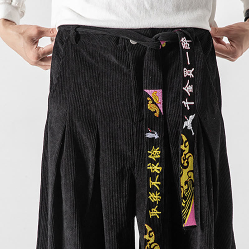 Nimara Ritual Fall Winter Lace-up Chinese Character Embroidery Men's Corduroy Pants With Pockets