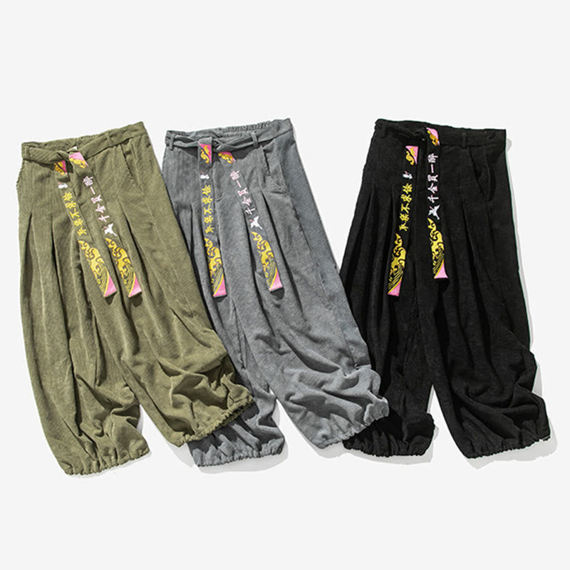 Nimara Ritual Fall Winter Lace-up Chinese Character Embroidery Men's Corduroy Pants With Pockets