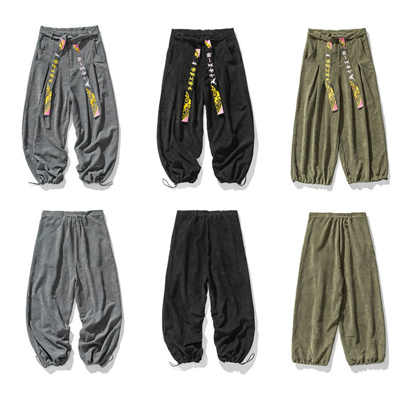 Nimara Ritual Fall Winter Lace-up Chinese Character Embroidery Men's Corduroy Pants With Pockets