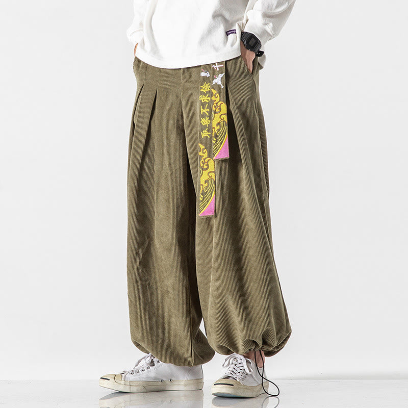 Nimara Ritual Fall Winter Lace-up Chinese Character Embroidery Men's Corduroy Pants With Pockets