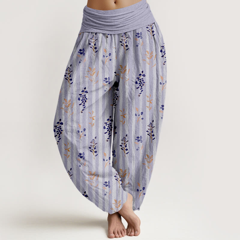 Nimara Ritual Cotton Softly Colored Leaf Striped Pattern Women's Elastic Waist Harem Pants