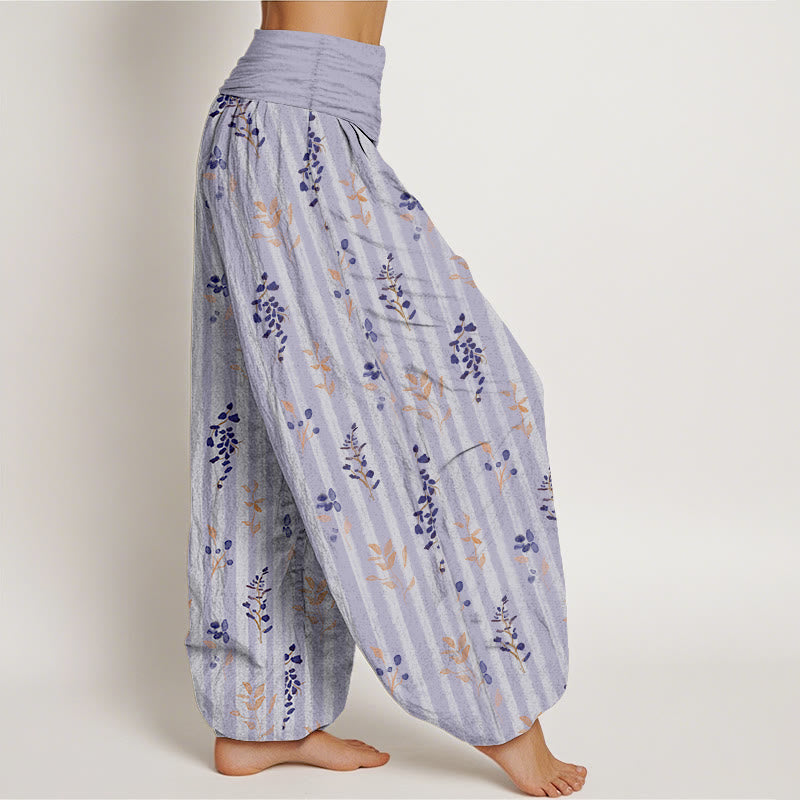 Nimara Ritual Cotton Softly Colored Leaf Striped Pattern Women's Elastic Waist Harem Pants
