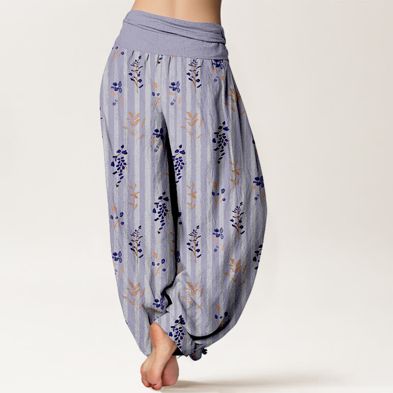 Nimara Ritual Cotton Softly Colored Leaf Striped Pattern Women's Elastic Waist Harem Pants