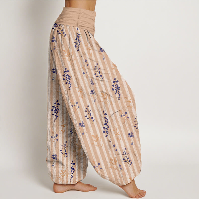 Nimara Ritual Cotton Softly Colored Leaf Striped Pattern Women's Elastic Waist Harem Pants