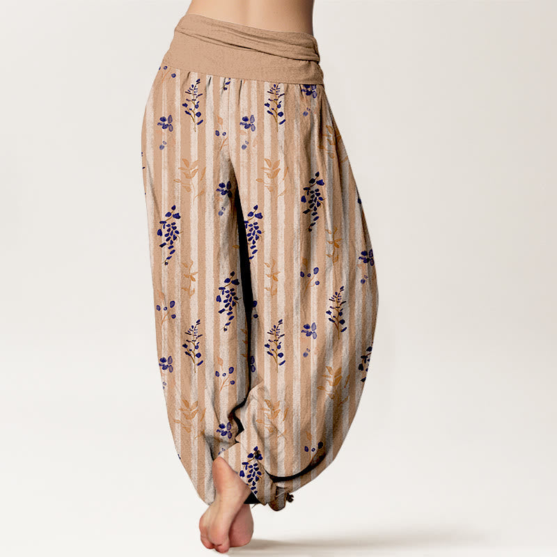 Nimara Ritual Cotton Softly Colored Leaf Striped Pattern Women's Elastic Waist Harem Pants