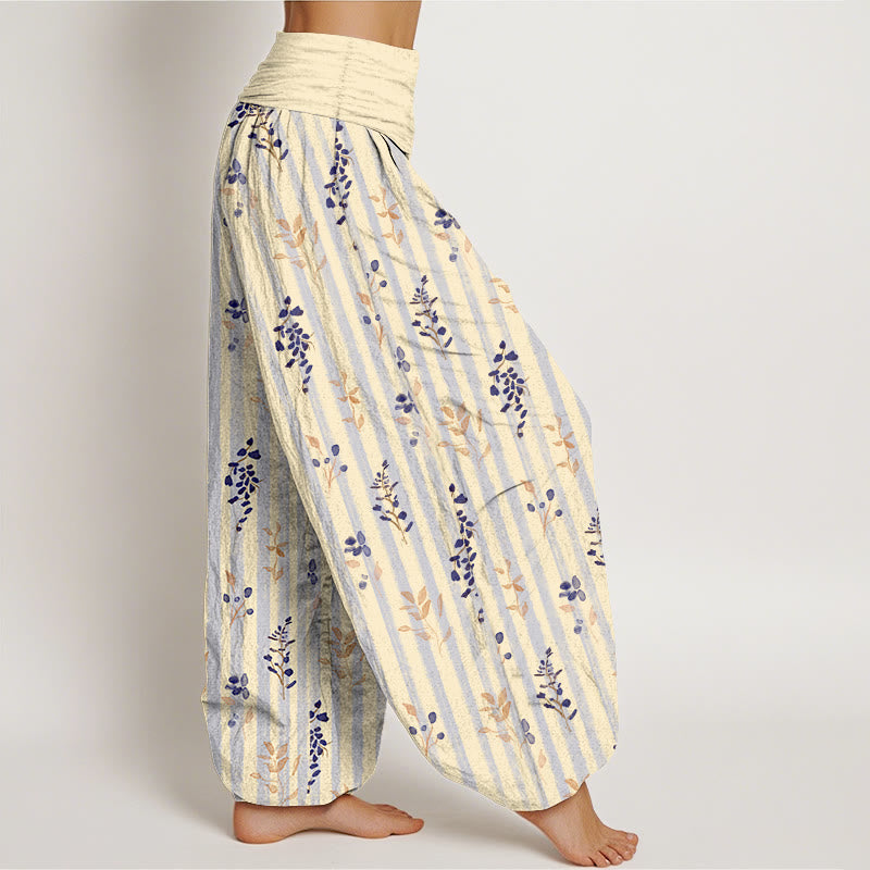 Nimara Ritual Cotton Softly Colored Leaf Striped Pattern Women's Elastic Waist Harem Pants