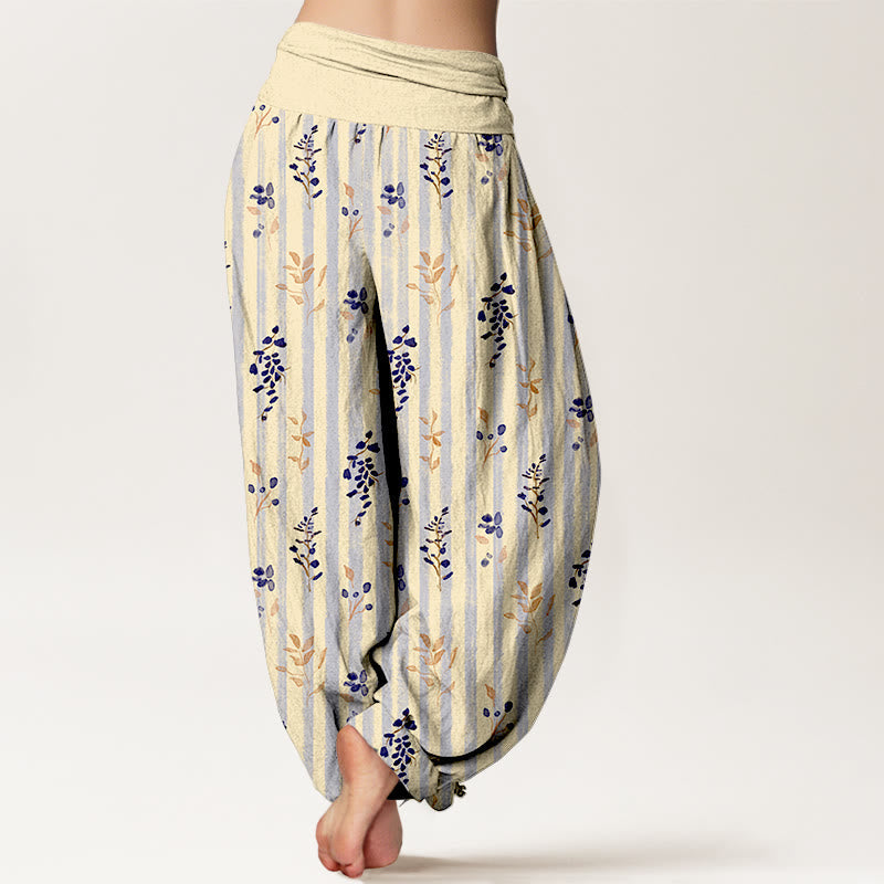 Nimara Ritual Cotton Softly Colored Leaf Striped Pattern Women's Elastic Waist Harem Pants