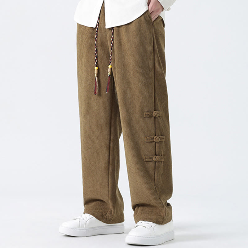 Nimara Ritual Fall Solid Frog-Button Men's Drawstring Corduroy Straight Leg Pants With Pockets