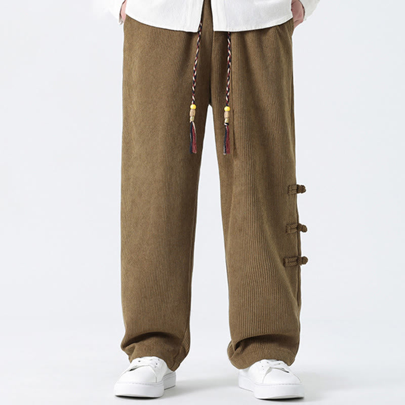 Nimara Ritual Fall Solid Frog-Button Men's Drawstring Corduroy Straight Leg Pants With Pockets